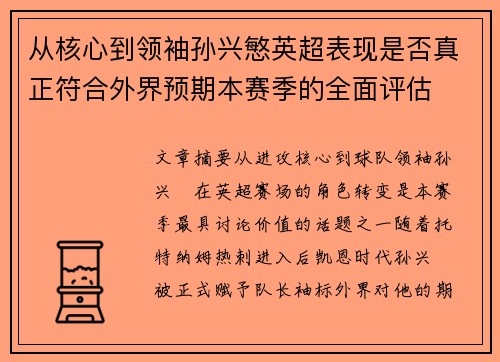 从核心到领袖孙兴慜英超表现是否真正符合外界预期本赛季的全面评估