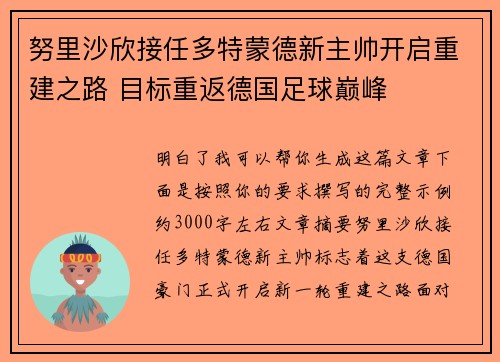 努里沙欣接任多特蒙德新主帅开启重建之路 目标重返德国足球巅峰